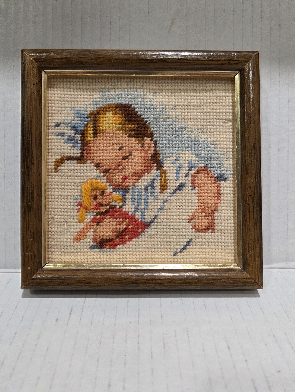 Vintage Girl With Doll Completed Framed Needlepoint Wall Art
